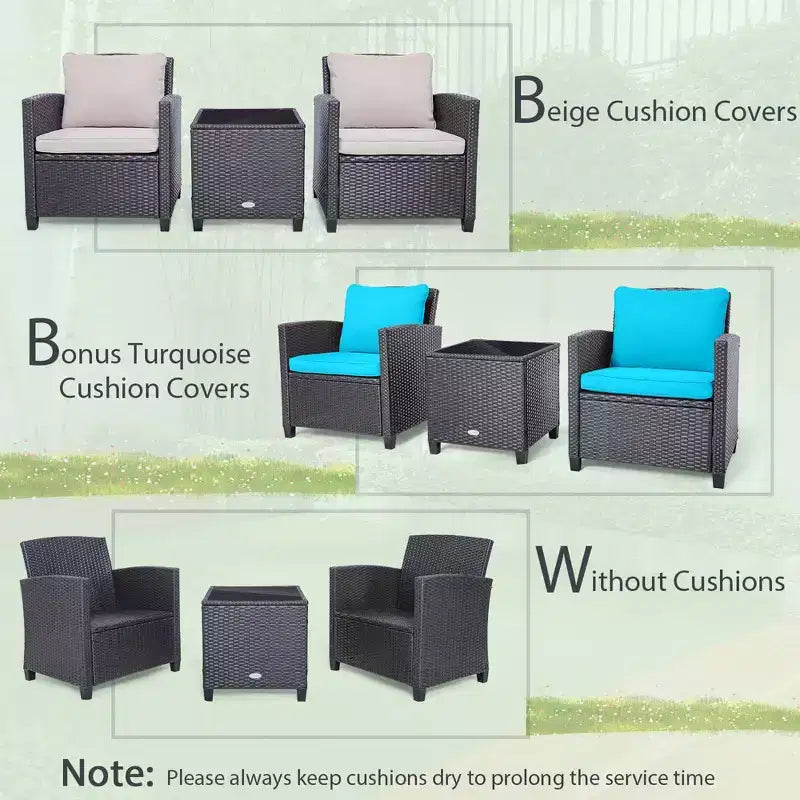 Costway Set di Mobili da Esterno in Rattan 3 Pezzi con Cuscini Beige e Blu Scuro Balcone