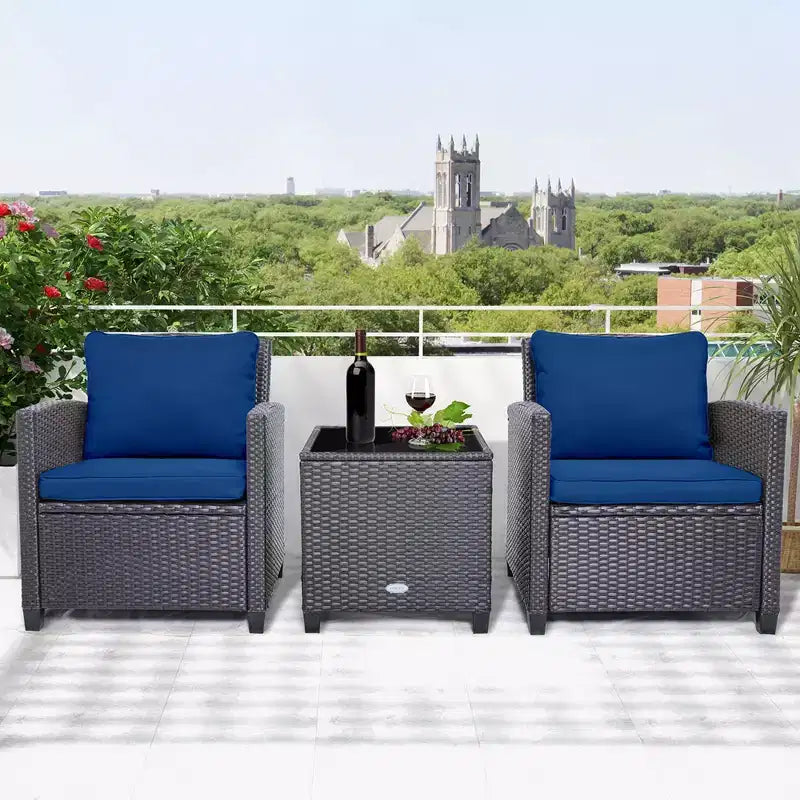 Costway Set di Mobili da Esterno in Rattan 3 Pezzi con Cuscini Beige e Blu Scuro Balcone