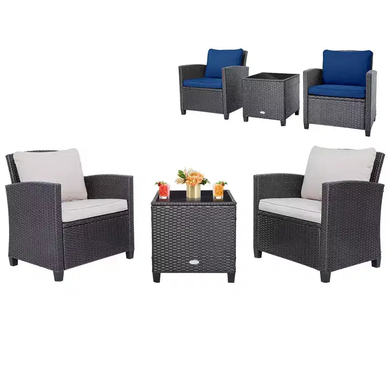 Costway Set di Mobili da Esterno in Rattan 3 Pezzi con Cuscini Beige e Blu Scuro Balcone