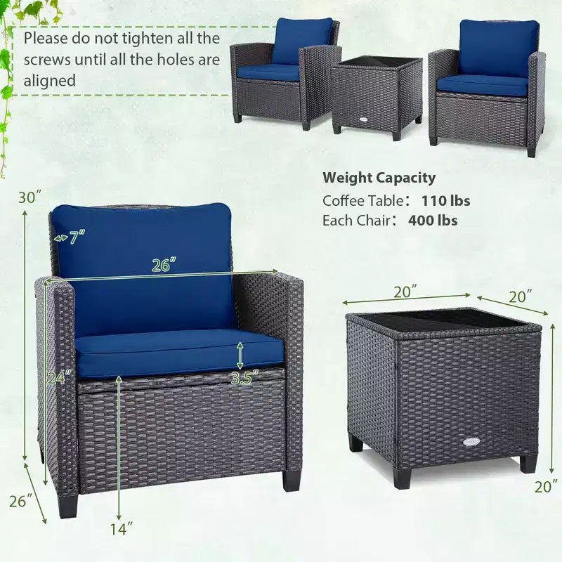 Costway Set di Mobili da Esterno in Rattan 3 Pezzi con Cuscini Beige e Blu Scuro Balcone