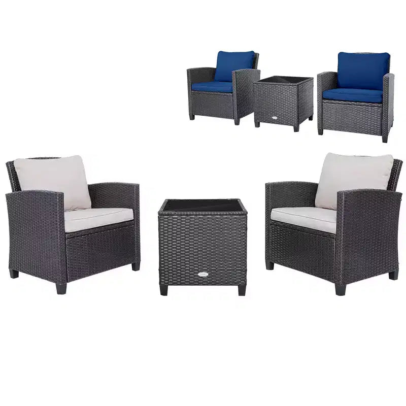 Costway Set di Mobili da Esterno in Rattan 3 Pezzi con Cuscini Beige e Blu Scuro Balcone