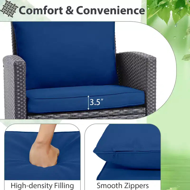 Costway Set di Mobili da Esterno in Rattan 3 Pezzi con Cuscini Beige e Blu Scuro Balcone