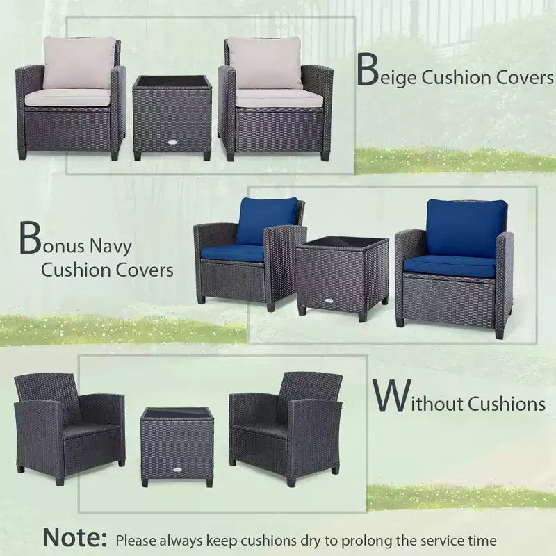 Costway Set di Mobili da Esterno in Rattan 3 Pezzi con Cuscini Beige e Blu Scuro Balcone
