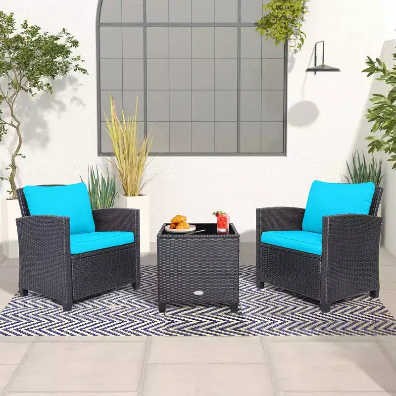 Costway Set di Mobili da Esterno in Rattan 3 Pezzi con Cuscini Beige e Blu Scuro Balcone