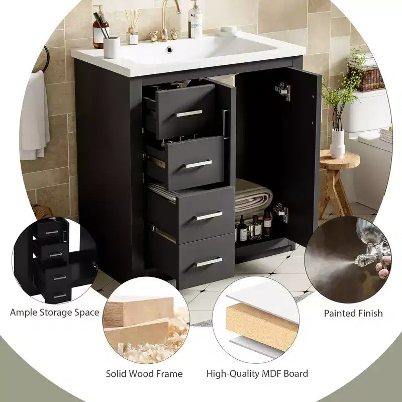 Mobile da bagno da 30" con lavabo singolo, armadietto e 3 cassetti – Nero / Blu / Verde / Indaco / Bianco
