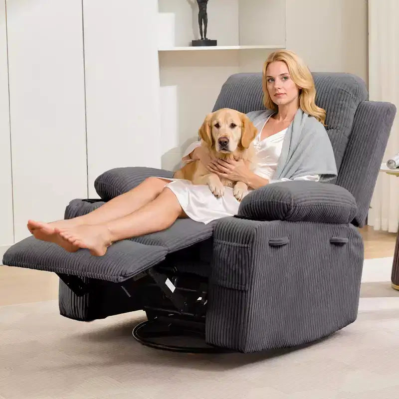 Siġġu recliner kbir li jdur 360 u jitbandal, bil-massaġġi u s-sħana - siġġu ergonomiku għar-rilassament b'holders għat-tazzi u bwiet tal-ġenb għall-kamra tal-għixien u l-mixtla