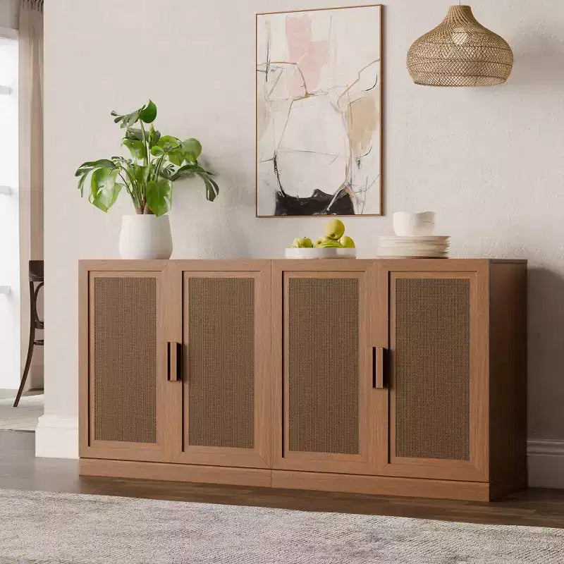 Sett ta’ 3 kabinetti sideboard buffet b’bibien tar-rattan, spazju għall-ħażna u xkafef aġġustabbli - 93Lx31H