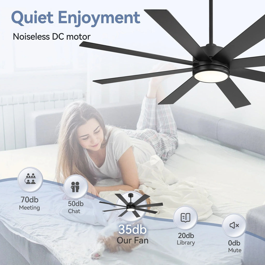 Ventilatore da soffitto nero da 65 pollici con 8 pale, LED, luce e telecomando
