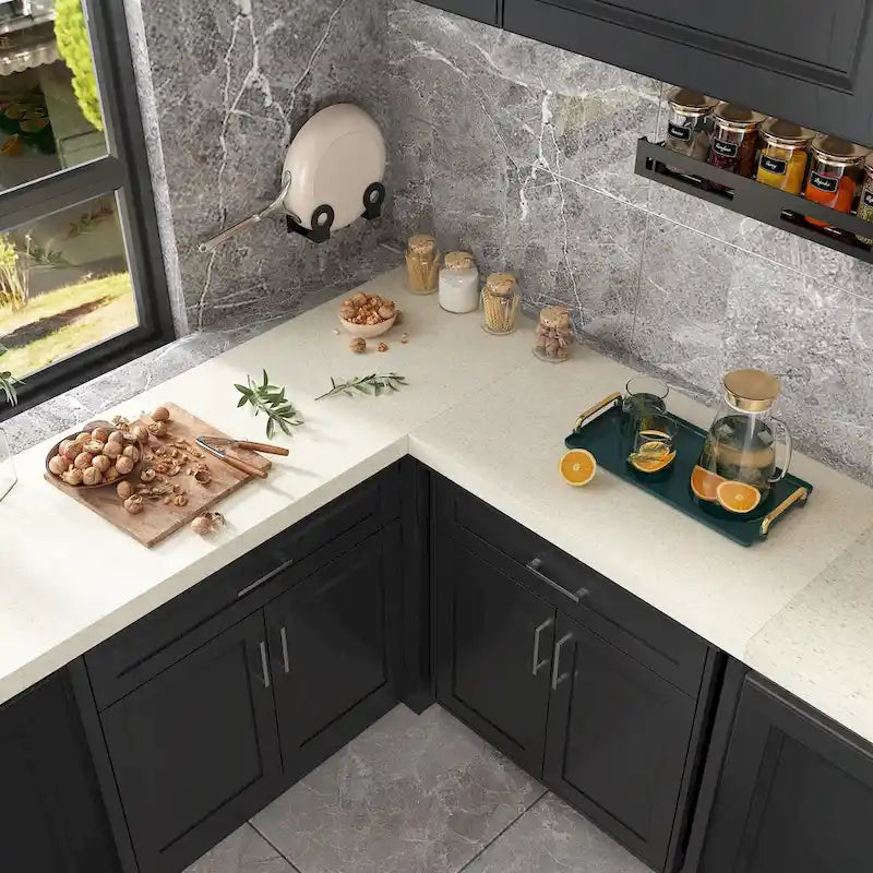 Mobile angolare da cucina efficiente, isola da cucina a L: ampio spazio contenitore con cassetti scorrevoli fluidi, piano di lavoro con protezione UV