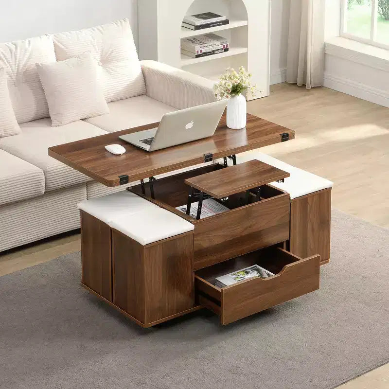 Višenamjenski moderni klub-stolić s podiznom pločom i skrivenim prostorom za pohranu, 4 taburea i kotačići, savršen za moderne životne prostore