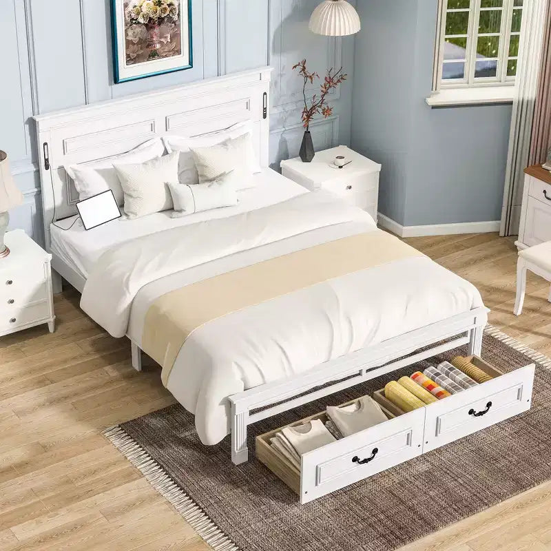 ModernLuxe Queen/King Size Platform Bed with Tall Headboard, Rustic Wood Bed Frame with 2 Drawers, LED Lights & USB Ports