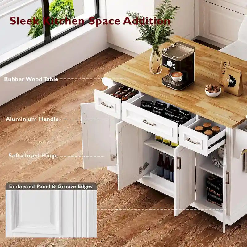 Grande isola da cucina con piano ribaltabile in legno, carrello da cucina con texture goffrata, ante e cassetti, spazio contenitore, bianca