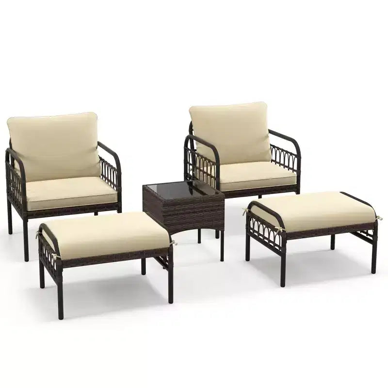 Costway Set da 5 Pezzi per Conversazione da Patio, Set di Sedie Esterne in Vimini con Pouf e Tavolino da Caffè
