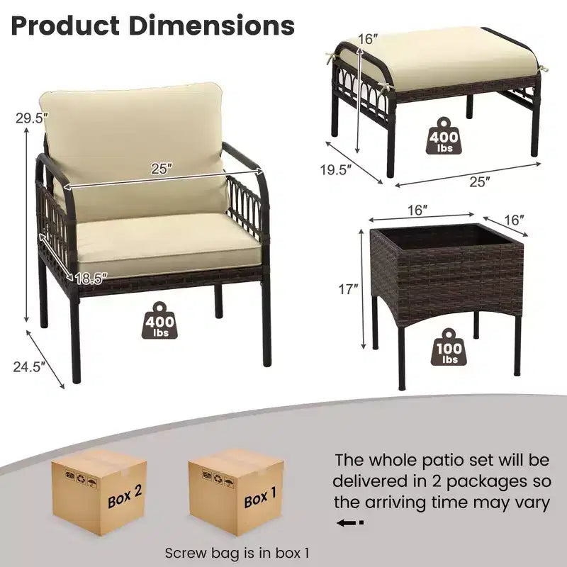 Costway Set da 5 Pezzi per Conversazione da Patio, Set di Sedie Esterne in Vimini con Pouf e Tavolino da Caffè
