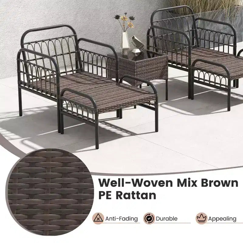 Costway Set da 5 Pezzi per Conversazione da Patio, Set di Sedie Esterne in Vimini con Pouf e Tavolino da Caffè