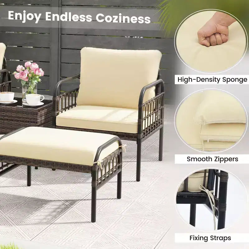 Costway Set da 5 Pezzi per Conversazione da Patio, Set di Sedie Esterne in Vimini con Pouf e Tavolino da Caffè