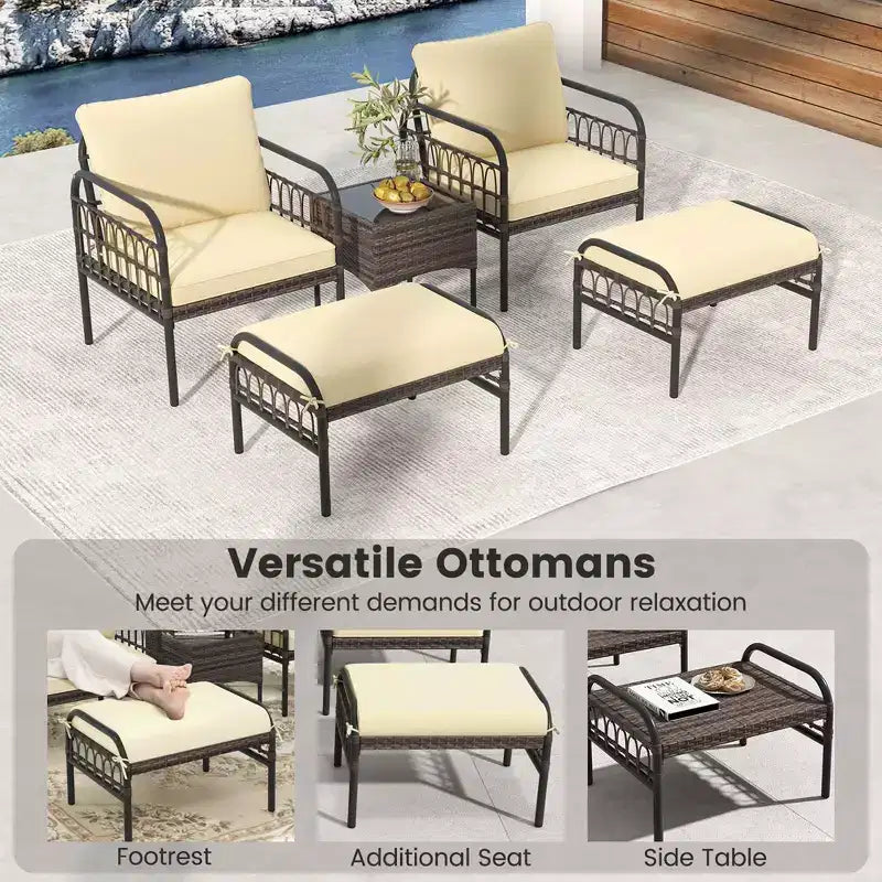 Costway Set da 5 Pezzi per Conversazione da Patio, Set di Sedie Esterne in Vimini con Pouf e Tavolino da Caffè