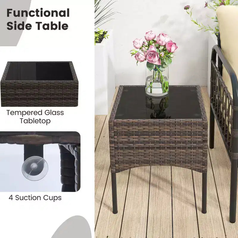 Costway Set da 5 Pezzi per Conversazione da Patio, Set di Sedie Esterne in Vimini con Pouf e Tavolino da Caffè