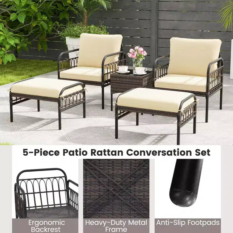 Costway Set da 5 Pezzi per Conversazione da Patio, Set di Sedie Esterne in Vimini con Pouf e Tavolino da Caffè