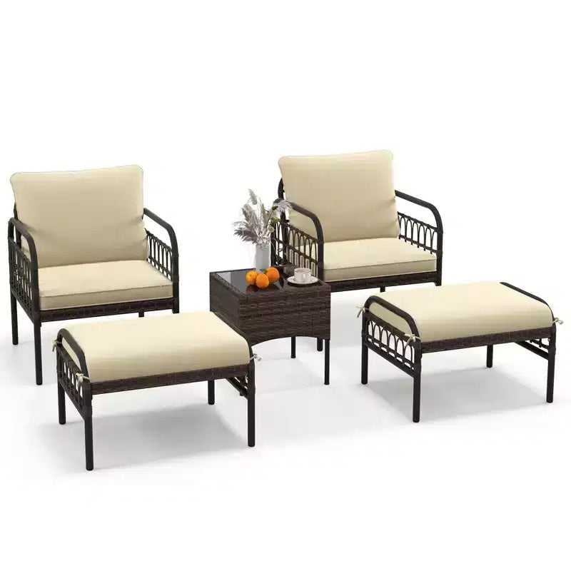 Costway Set da 5 Pezzi per Conversazione da Patio, Set di Sedie Esterne in Vimini con Pouf e Tavolino da Caffè