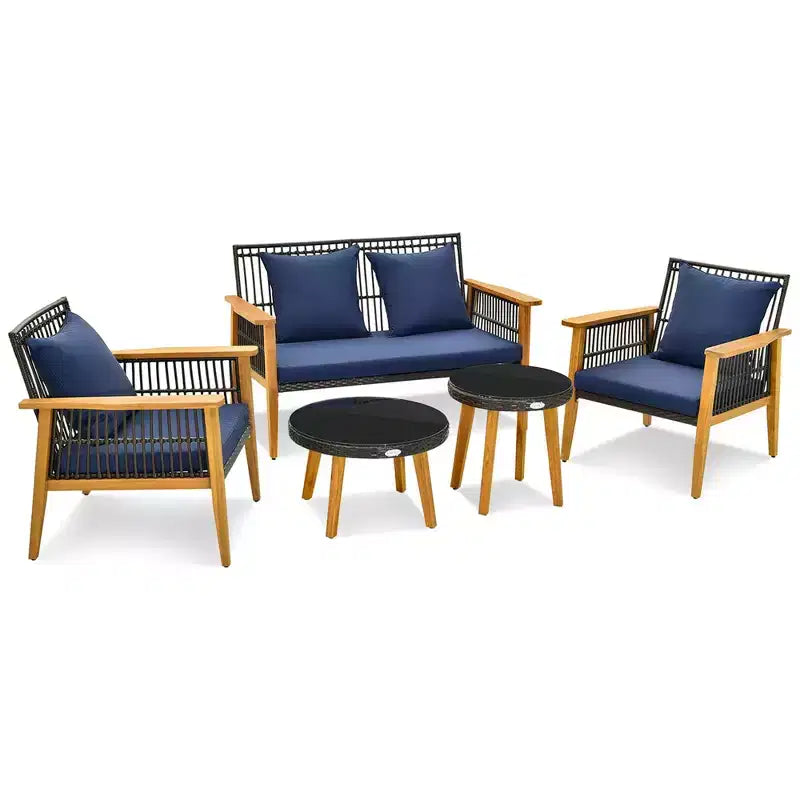 Costway Set da Conversazione da Esterno 5 Pezzi in Rattan Intrecciato Stabile Struttura in Legno di Acacia per Giardino Blu Scuro/Beige
