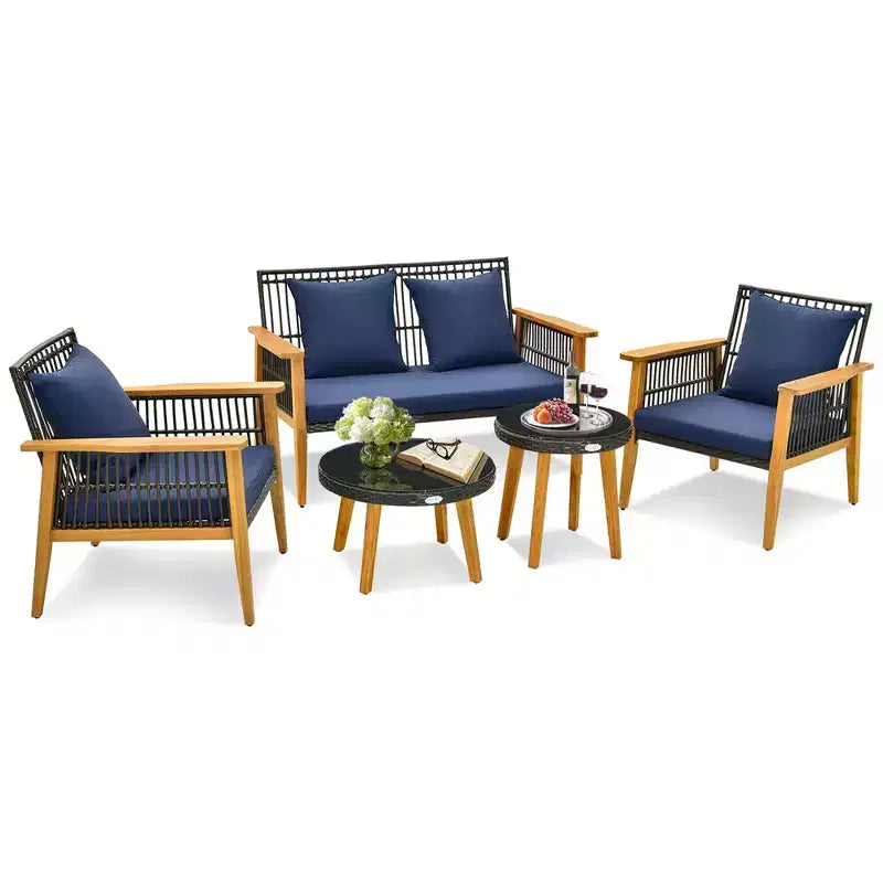 Costway Set da Conversazione da Esterno 5 Pezzi in Rattan Intrecciato Stabile Struttura in Legno di Acacia per Giardino Blu Scuro/Beige