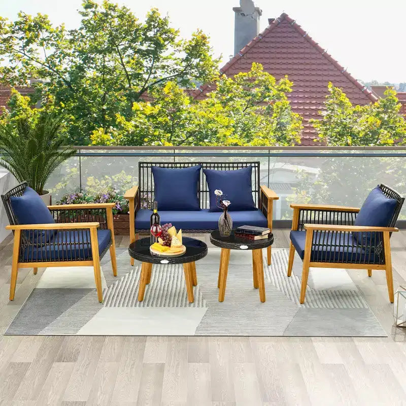 Costway Set da Conversazione da Esterno 5 Pezzi in Rattan Intrecciato Stabile Struttura in Legno di Acacia per Giardino Blu Scuro/Beige