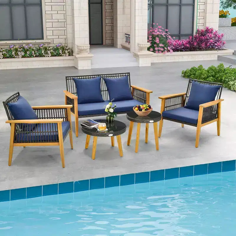 Costway Set da Conversazione da Esterno 5 Pezzi in Rattan Intrecciato Stabile Struttura in Legno di Acacia per Giardino Blu Scuro/Beige