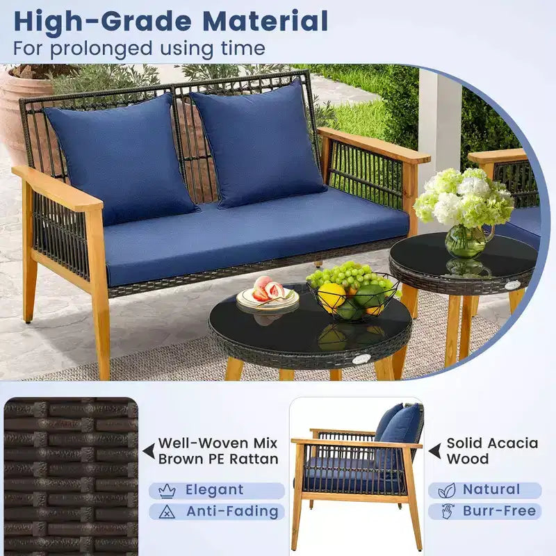 Costway Set da Conversazione da Esterno 5 Pezzi in Rattan Intrecciato Stabile Struttura in Legno di Acacia per Giardino Blu Scuro/Beige