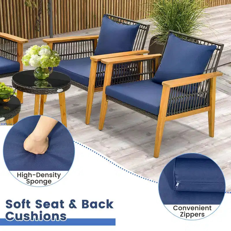 Costway Set da Conversazione da Esterno 5 Pezzi in Rattan Intrecciato Stabile Struttura in Legno di Acacia per Giardino Blu Scuro/Beige