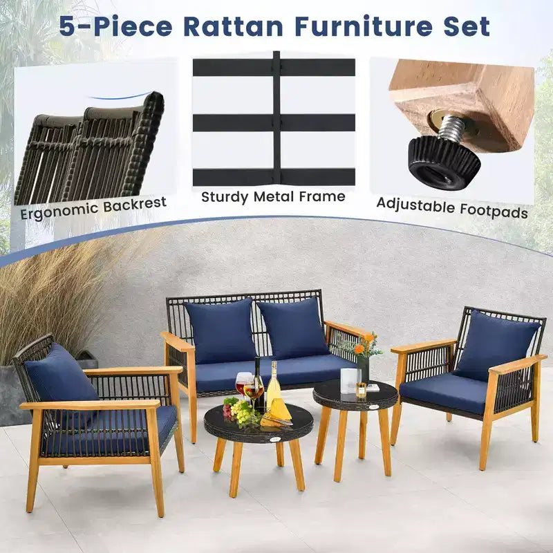 Costway Set da Conversazione da Esterno 5 Pezzi in Rattan Intrecciato Stabile Struttura in Legno di Acacia per Giardino Blu Scuro/Beige