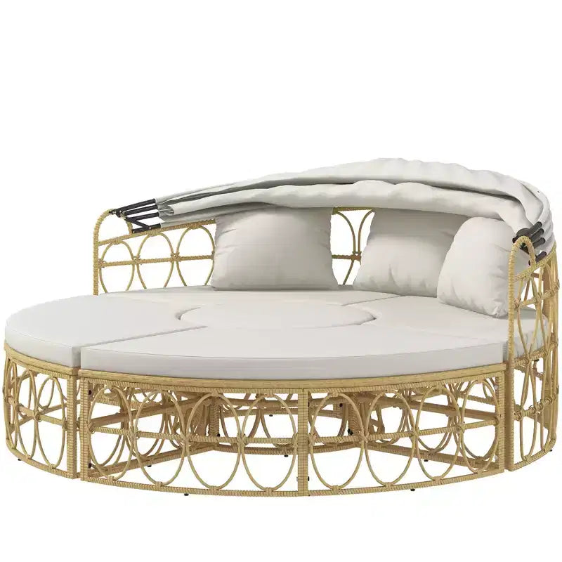 Outsunny Letto rotondo da esterno 4 pezzi con tettuccio, set mobili da giardino in rattan PE imbottito, bianco crema