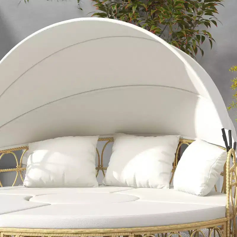 Outsunny Letto rotondo da esterno 4 pezzi con tettuccio, set mobili da giardino in rattan PE imbottito, bianco crema
