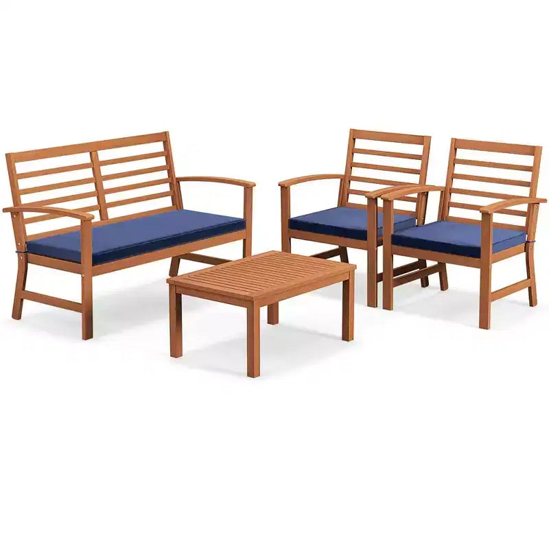Set Mobili da Esterno Costway 4 Pezzi con Cuscini Morbidi per Sedie Telaio Stabile in Legno di Acacia Bianco/Blu Navy/Grigio
