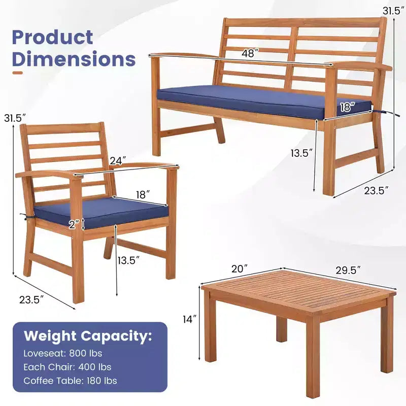 Set Mobili da Esterno Costway 4 Pezzi con Cuscini Morbidi per Sedie Telaio Stabile in Legno di Acacia Bianco/Blu Navy/Grigio