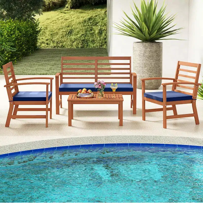 Set Mobili da Esterno Costway 4 Pezzi con Cuscini Morbidi per Sedie Telaio Stabile in Legno di Acacia Bianco/Blu Navy/Grigio