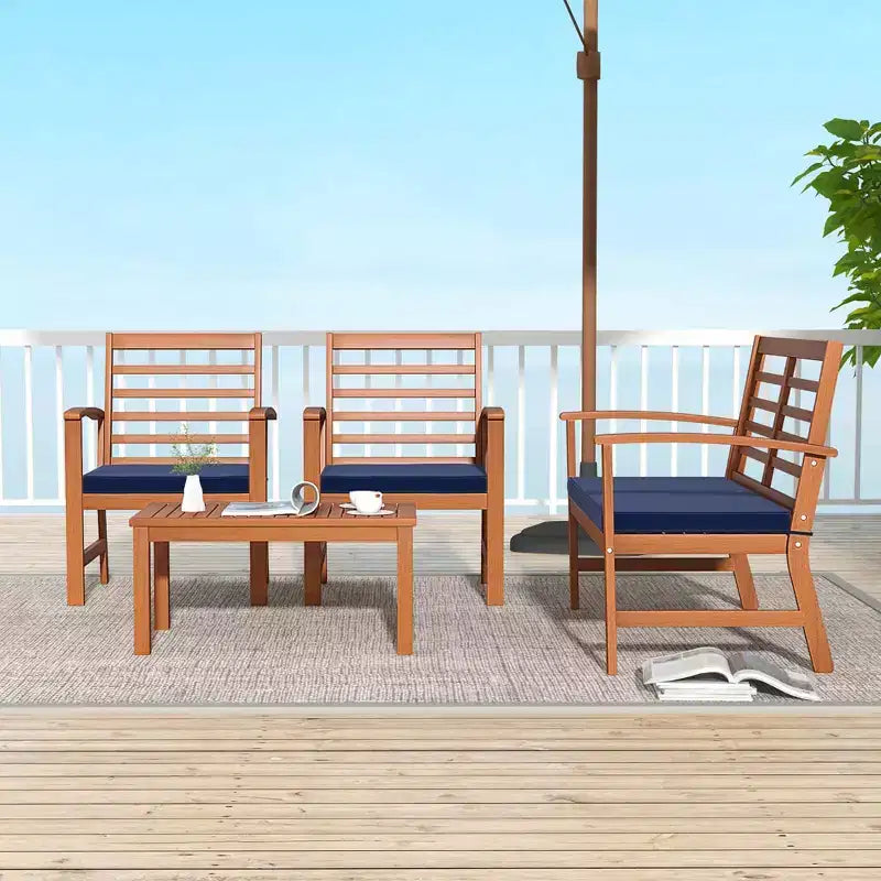 Set Mobili da Esterno Costway 4 Pezzi con Cuscini Morbidi per Sedie Telaio Stabile in Legno di Acacia Bianco/Blu Navy/Grigio