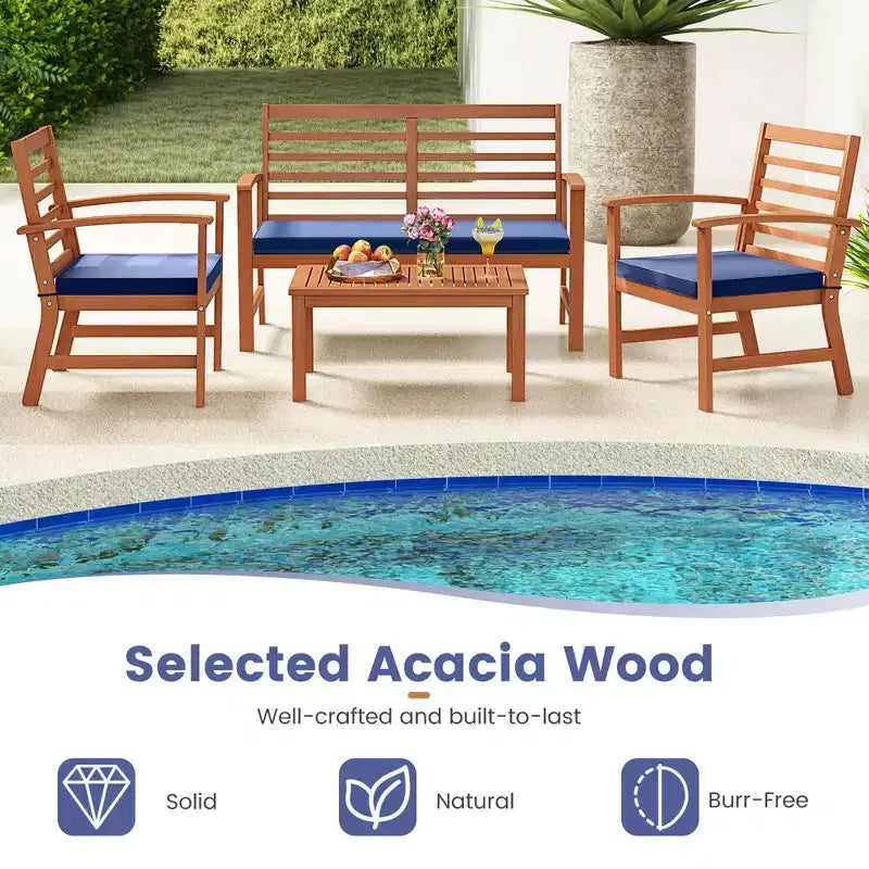 Set Mobili da Esterno Costway 4 Pezzi con Cuscini Morbidi per Sedie Telaio Stabile in Legno di Acacia Bianco/Blu Navy/Grigio