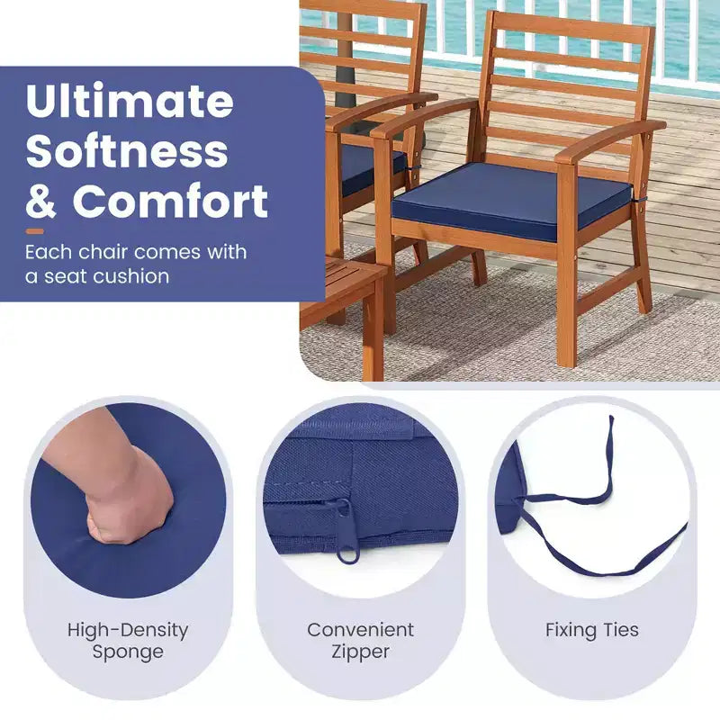 Set Mobili da Esterno Costway 4 Pezzi con Cuscini Morbidi per Sedie Telaio Stabile in Legno di Acacia Bianco/Blu Navy/Grigio