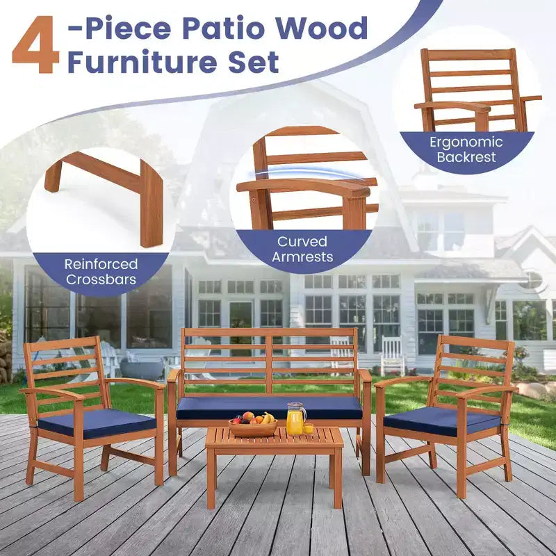 Set Mobili da Esterno Costway 4 Pezzi con Cuscini Morbidi per Sedie Telaio Stabile in Legno di Acacia Bianco/Blu Navy/Grigio