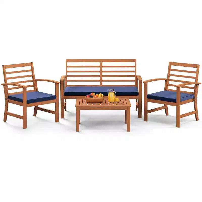 Set Mobili da Esterno Costway 4 Pezzi con Cuscini Morbidi per Sedie Telaio Stabile in Legno di Acacia Bianco/Blu Navy/Grigio