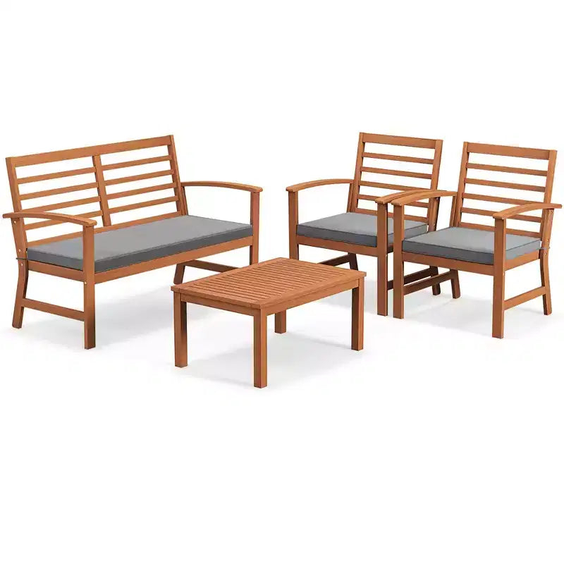 Set Mobili da Esterno Costway 4 Pezzi con Cuscini Morbidi per Sedie Telaio Stabile in Legno di Acacia Bianco/Blu Navy/Grigio