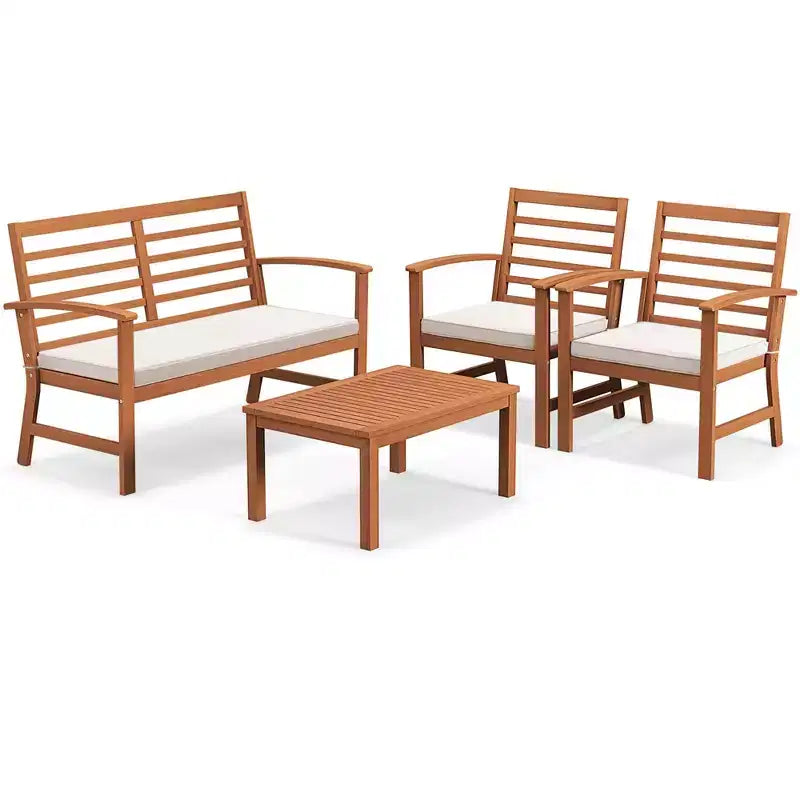 Set Mobili da Esterno Costway 4 Pezzi con Cuscini Morbidi per Sedie Telaio Stabile in Legno di Acacia Bianco/Blu Navy/Grigio