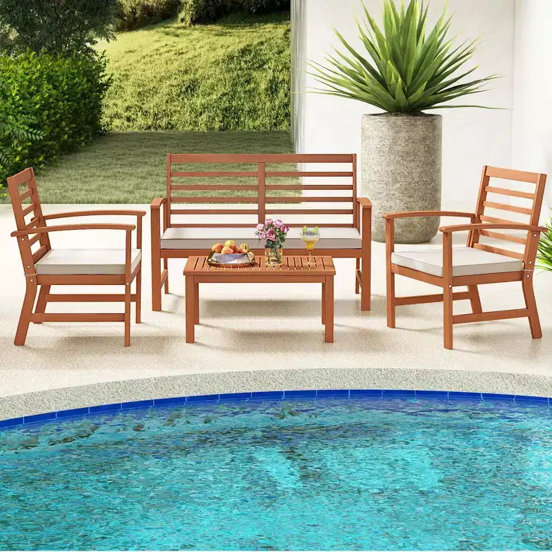 Set Mobili da Esterno Costway 4 Pezzi con Cuscini Morbidi per Sedie Telaio Stabile in Legno di Acacia Bianco/Blu Navy/Grigio
