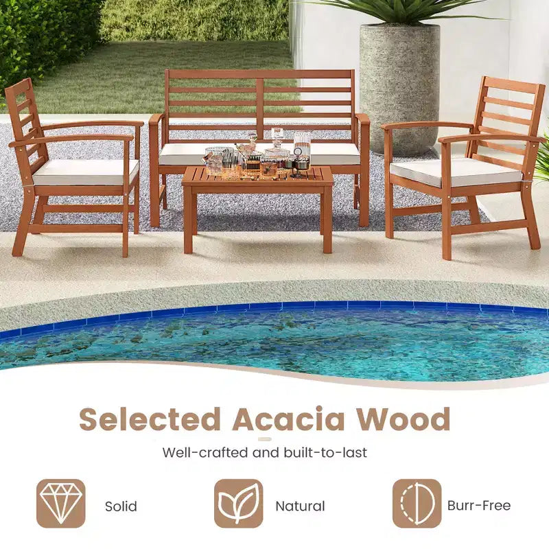 Set Mobili da Esterno Costway 4 Pezzi con Cuscini Morbidi per Sedie Telaio Stabile in Legno di Acacia Bianco/Blu Navy/Grigio