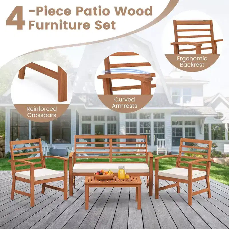 Set Mobili da Esterno Costway 4 Pezzi con Cuscini Morbidi per Sedie Telaio Stabile in Legno di Acacia Bianco/Blu Navy/Grigio