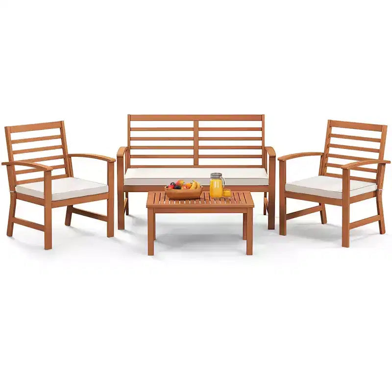 Set Mobili da Esterno Costway 4 Pezzi con Cuscini Morbidi per Sedie Telaio Stabile in Legno di Acacia Bianco/Blu Navy/Grigio
