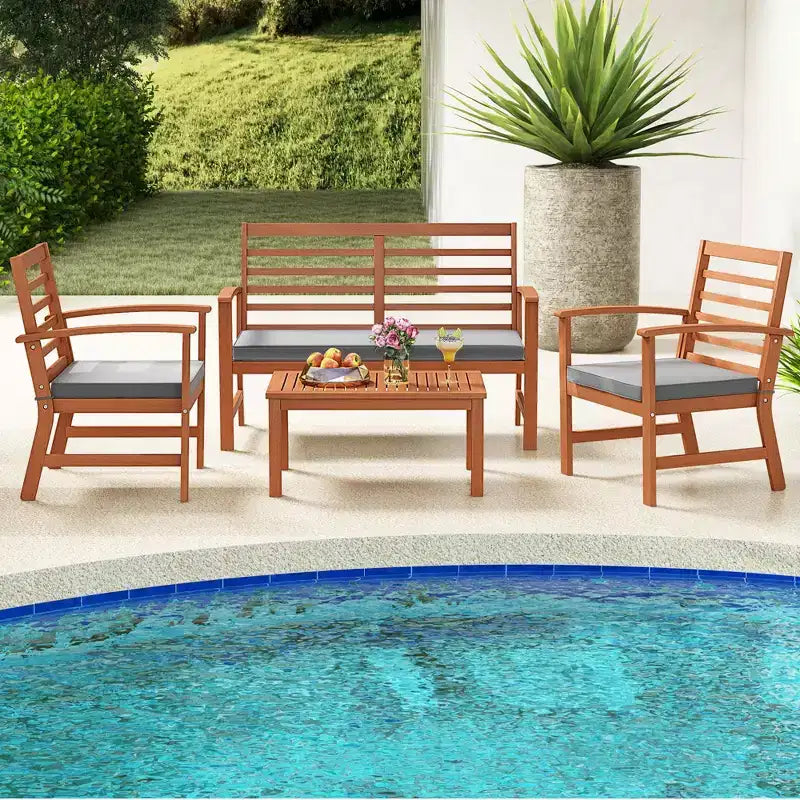 Set Mobili da Esterno Costway 4 Pezzi con Cuscini Morbidi per Sedie Telaio Stabile in Legno di Acacia Bianco/Blu Navy/Grigio