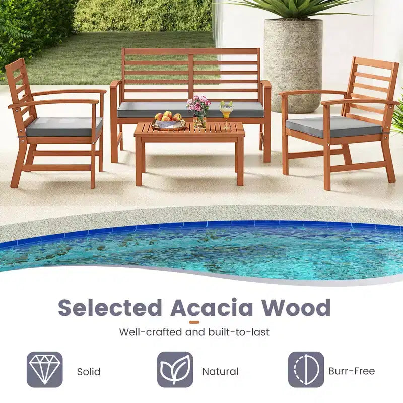 Set Mobili da Esterno Costway 4 Pezzi con Cuscini Morbidi per Sedie Telaio Stabile in Legno di Acacia Bianco/Blu Navy/Grigio