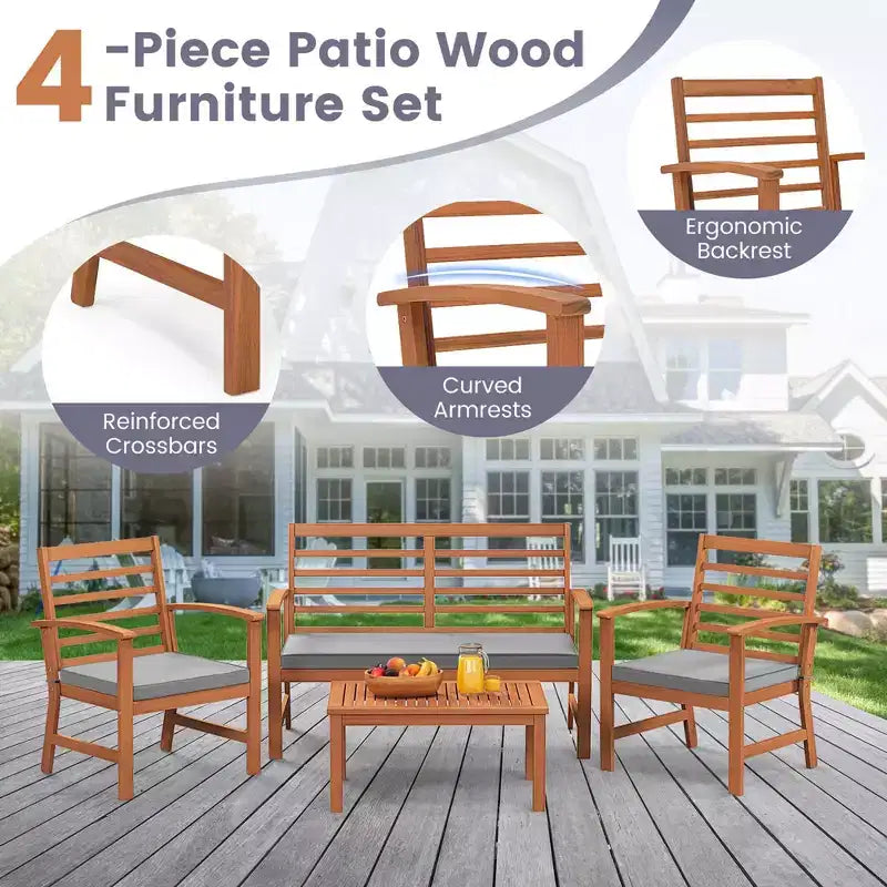 Set Mobili da Esterno Costway 4 Pezzi con Cuscini Morbidi per Sedie Telaio Stabile in Legno di Acacia Bianco/Blu Navy/Grigio